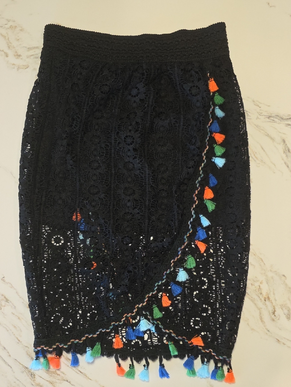 Women's Black Lace Skirt with Colorful Tassel Trim Boho